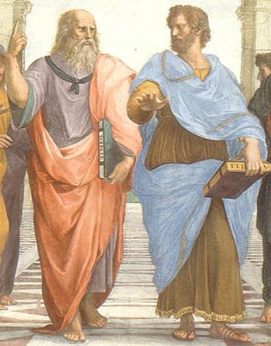 The School of Athens by Raffaello Sanzio, 1509, showing Plato (left) and Aristotle (right) Raphael showing Plato (left), pointing up to the ideals, and Aristotle (right), reaching out towards the physical world. (Pic: Wikimedia Commons)