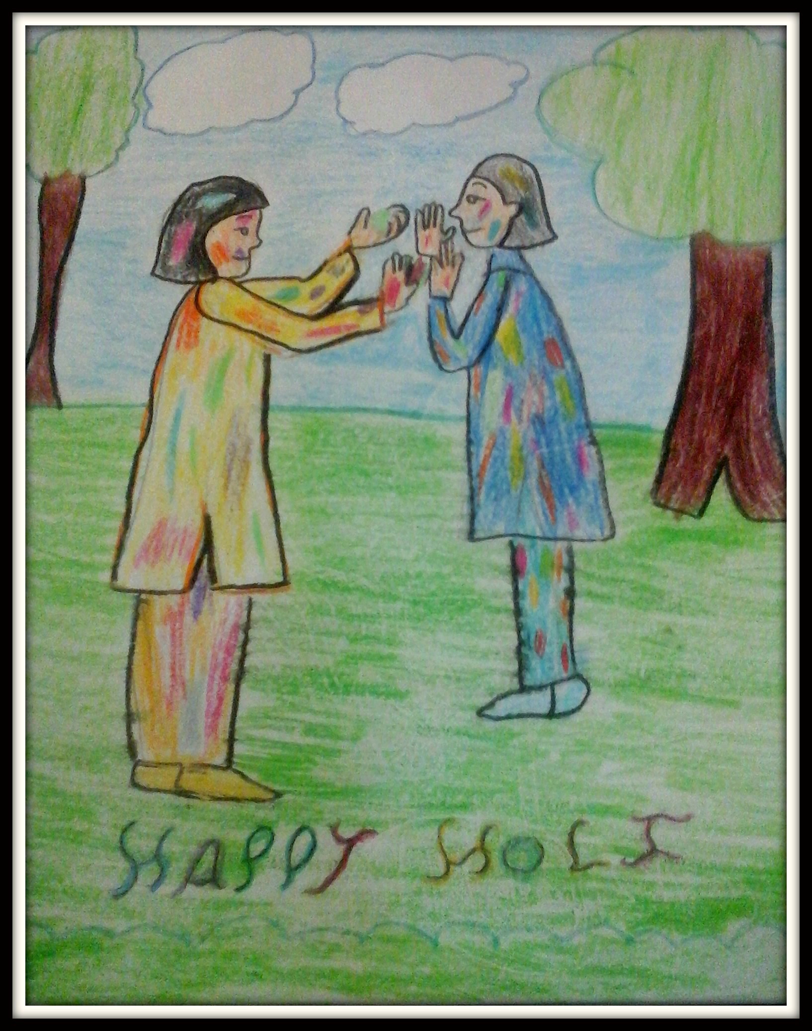 Two girls playing Holi