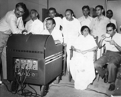 At the recording of their song are (left) C Ramchander and (right) Lata Mangeshkar and Talat Mahmood
