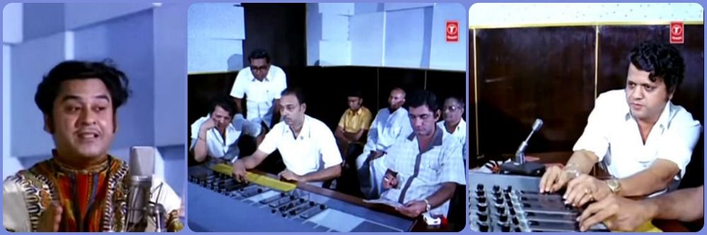 Kishore Kumar, Jaikishan and Anand Bakshi play themselves in the recording studio 