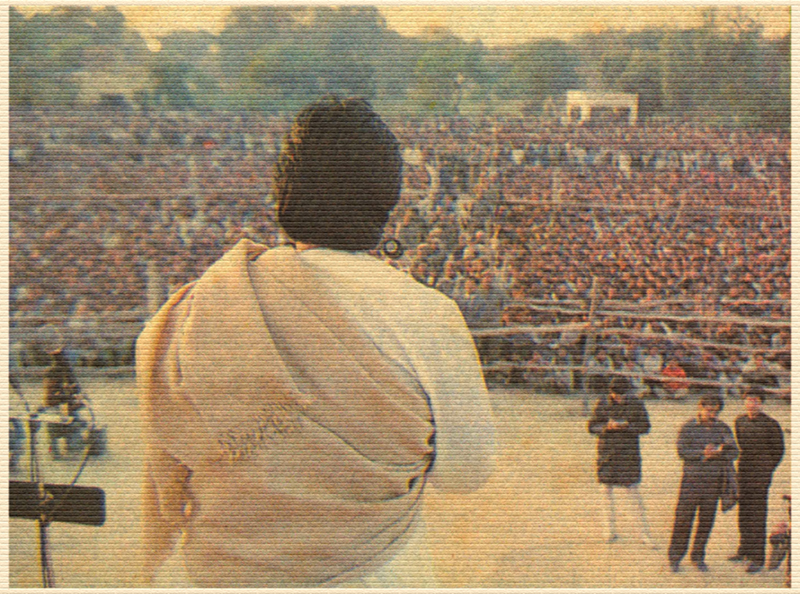 Amitabh Bachchan addressing a political meeting during 1984 elections