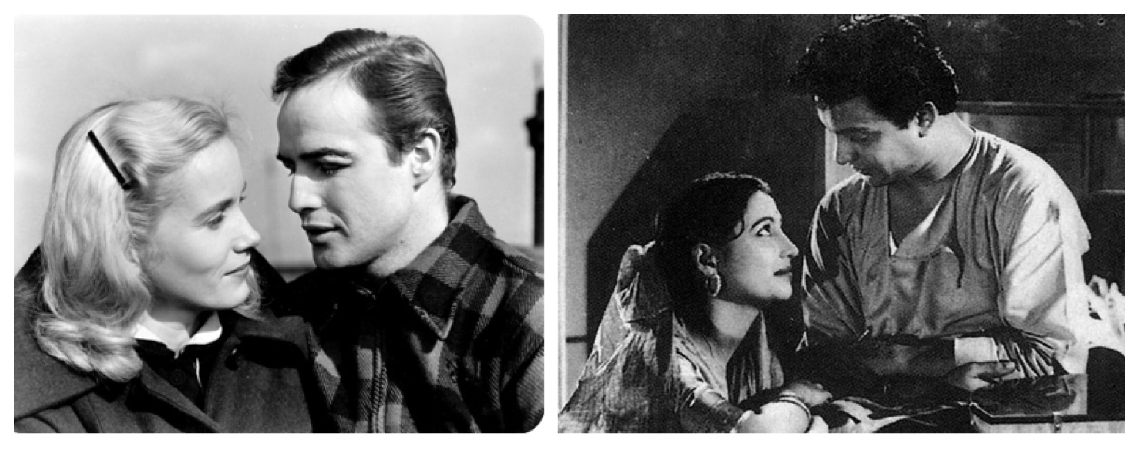 (L)Marlon Brando and Eva Marie Saint in On the Waterfront(R) Uttam Kumar and Suchitra Sen in Harano Sur 