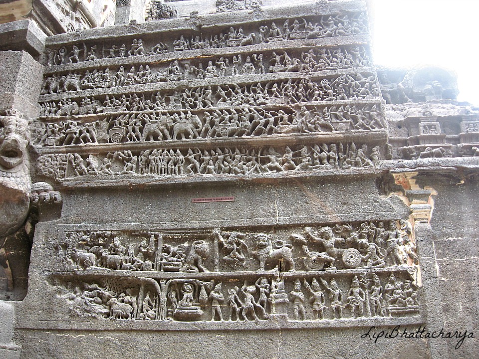 Samudramanthan and Ramayana panels - Kailash Cave, Ellora