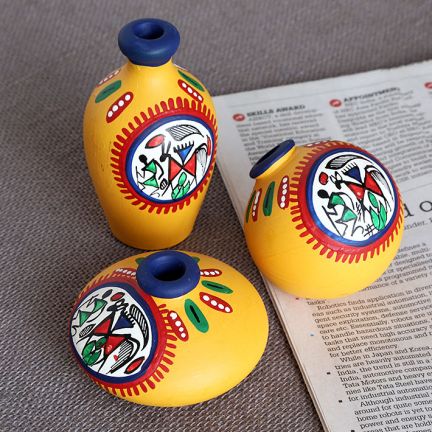 Yellow Earthen Miniature Pots Set of Three Pieces