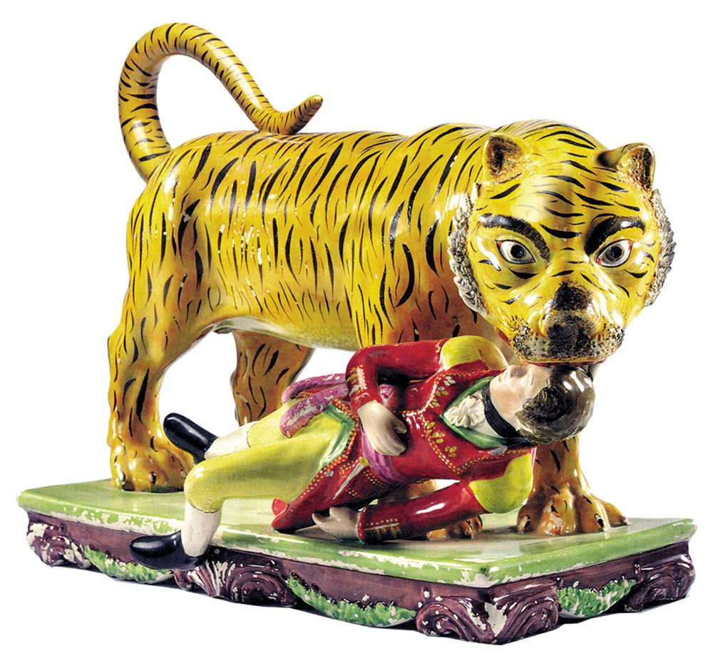 The rare Sherratt Style Staffordshire Ceramic of ‘The Death of Monroe’ modeled after the famous ‘Tippoo’s Tiger’ automaton originally owned by Tipu Sultan