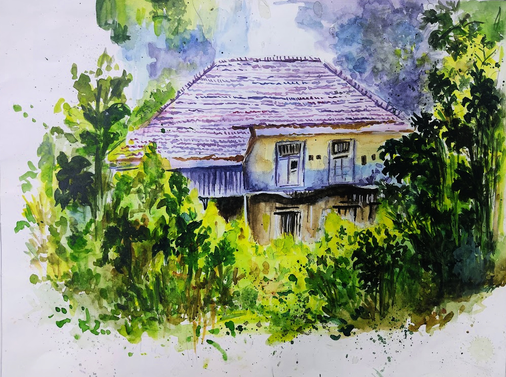 house watercolour painting art by kids