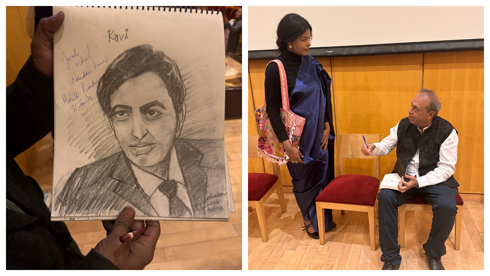 (L) A sketch of Ravi drawn by an artist from the audience (R) Manek Premchand signing a copy of Soulfully Yours, Ravi