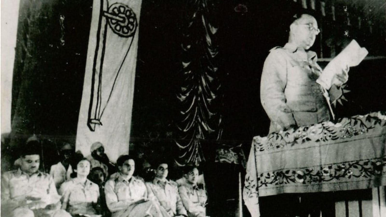Netaji Subhas Chandra Bose proclaiming the establishment of the Provisional Government of Free India