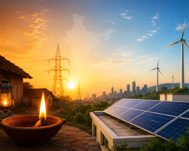  Illustration of India's energy evolution from diyas to solar panels, featuring traditional lighting, rooftop solar, wind turbines, and the electricity grid.