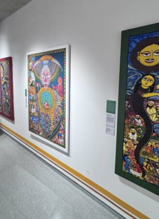 Gallery corridor displaying contemporary Indian paintings at Arthshila Patna